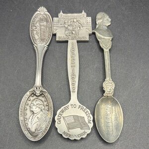 3 Vintage Silver Tone Metal Souvenir Spoons, Mount Vernon & Ellis Island